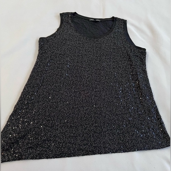 Eileen Fisher Black Silk Stretch Sequin Asymmetrical Tank w/Side Slit Sz PP - Picture 7 of 13